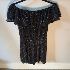 Topshop Black with White Polka Dot Romper Off the Shoulder Ruffle Mesh Material